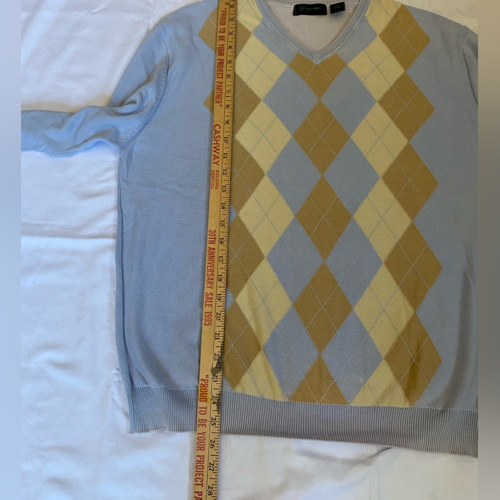 Mens Preppy 100% Cotton V- Neck Argyle knit Sweater Medium Eclectic Grandpa - Picture 10 of 11